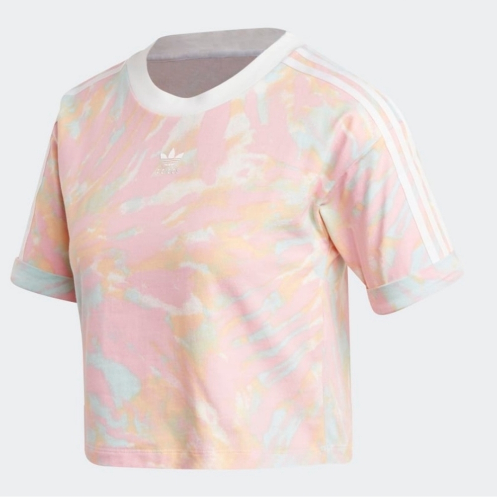 {} ADIDAS tie dye pastel tee S cropped t-shirt athletic 3-stripe crop top